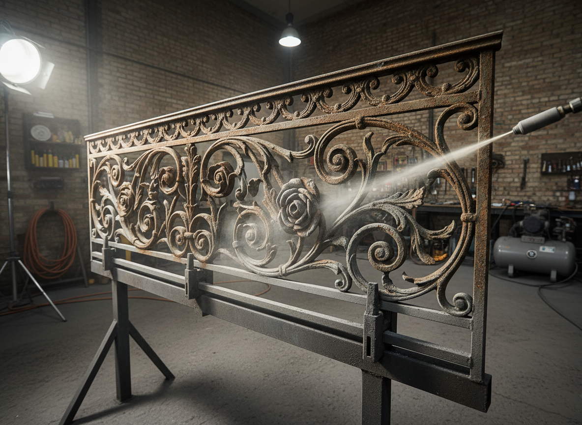 An ornate cast-iron balcony railing section clamped securely on a support stand, being delicately cleaned by aérogommage. Intricate scrollwork and floral motifs are partially stripped of rust and old paint, revealing clean, matte metal beneath. Fine abrasive particles are visible in the air as a subtle haze near the surface. The environment is an industrial yet orderly space with exposed brick walls and a concrete floor, distant compressors and hoses arranged neatly in the background. Strong but diffused workshop lighting from above and the side creates defined highlights along the curves and deep shadows in recesses. Photographic realism with a low-angle, close-up composition emphasizes depth and craftsmanship, conveying a sense of powerful yet controlled restoration suitable for large architectural projects.