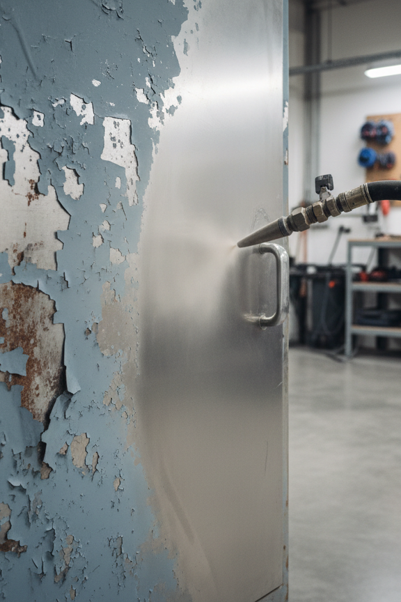 A sturdy steel industrial cabinet door half-covered in aged, flaking paint, undergoing precise aérogommage cleaning. The nozzle and flexible hose of the blasting equipment point toward the surface, captured mid-process with a fine, pale cloud of abrasive gently brushing away the old layers, revealing smooth bare metal beneath. The scene is set inside a clean, organized workshop with concrete flooring and neatly arranged tools in soft focus in the background. Cool, diffused overhead lighting highlights the contrasting textures while casting crisp, professional shadows. Photographic realism, shot at eye level with a medium depth of field, emphasizes the transformation of the material, creating a confident, professional atmosphere that conveys meticulous surface restoration work without any human presence.