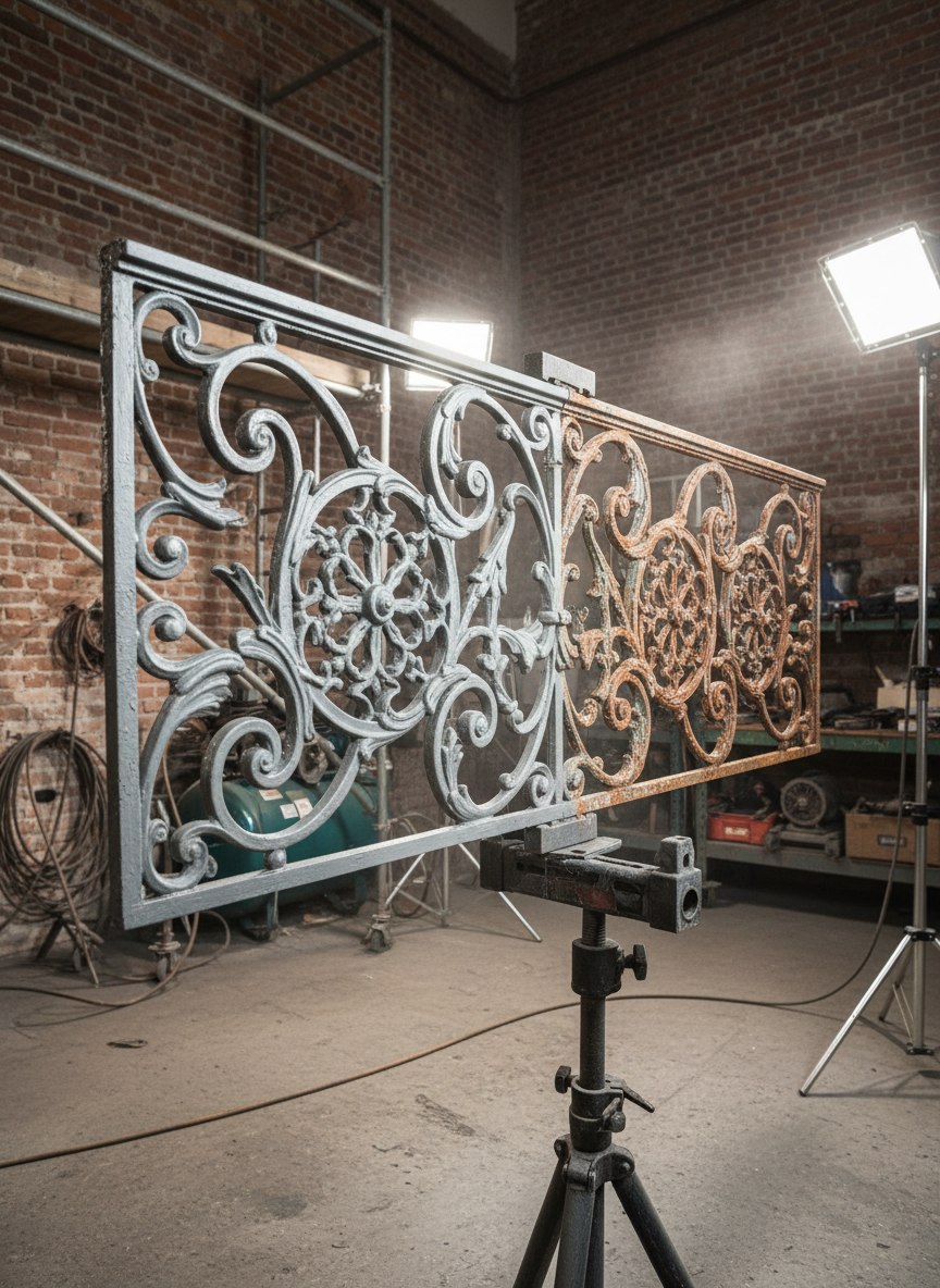 An ornate cast-iron balcony railing section clamped securely on a support stand, being delicately cleaned by aérogommage. Intricate scrollwork and floral motifs are partially stripped of rust and old paint, revealing clean, matte metal beneath. Fine abrasive particles are visible in the air as a subtle haze near the surface. The environment is an industrial yet orderly space with exposed brick walls and a concrete floor, distant compressors and hoses arranged neatly in the background. Strong but diffused workshop lighting from above and the side creates defined highlights along the curves and deep shadows in recesses. Photographic realism with a low-angle, close-up composition emphasizes depth and craftsmanship, conveying a sense of powerful yet controlled restoration suitable for large architectural projects.