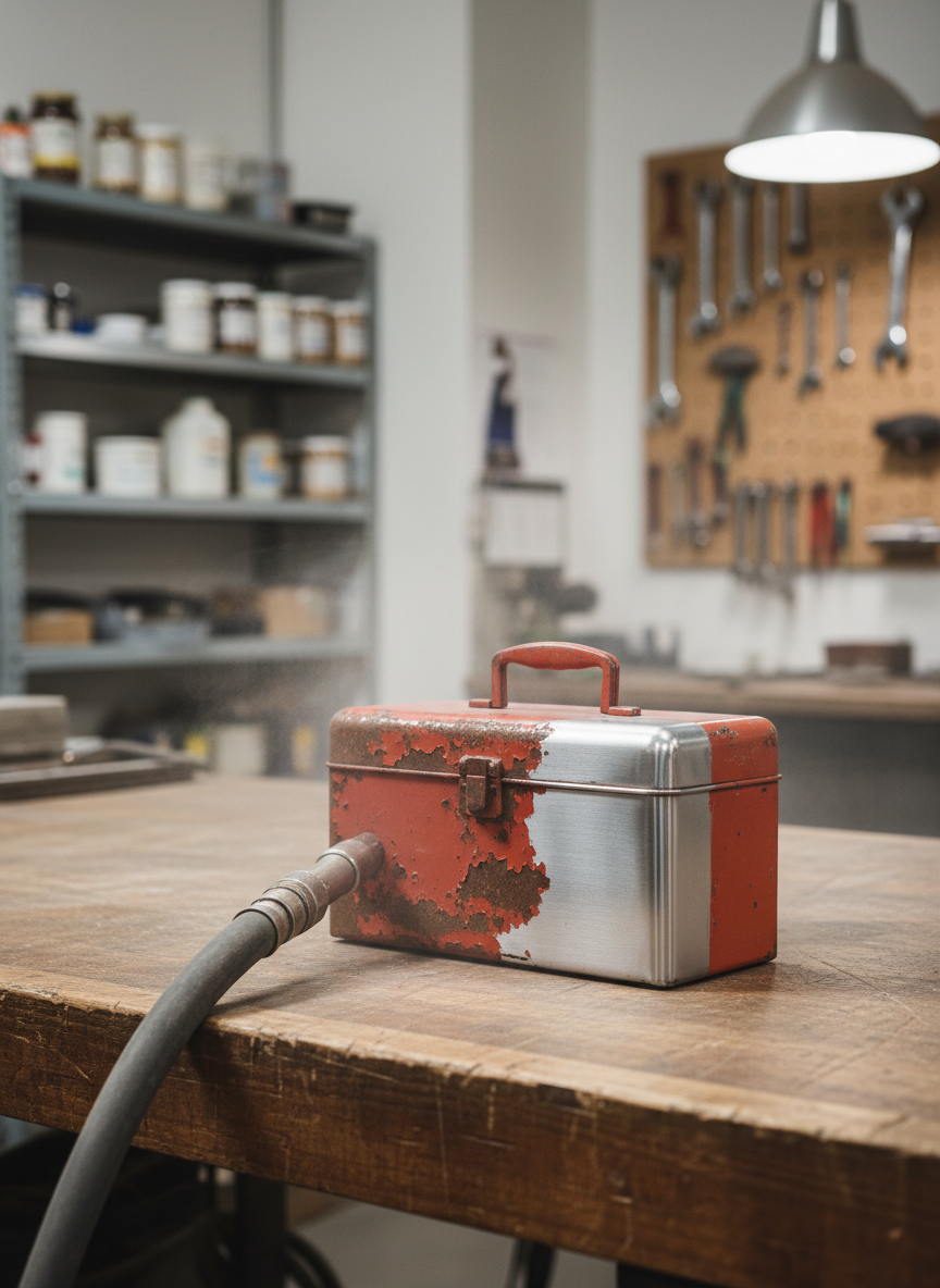 A compact vintage metal toolbox sitting on a sturdy workbench, mid-restoration through aérogommage. One corner gleams with freshly stripped, smooth steel, while the rest is covered in chipped red paint and surface rust. A thin veil of dust surrounds the transformed area, and a neatly coiled blasting hose rests nearby. The workshop backdrop is intentionally blurred, with hints of shelving, labeled containers, and an organized wall of tools. Soft, neutral artificial lighting from overhead fixtures creates a clean, controlled ambience with gentle shadows under the toolbox. Photographic realism, captured with a close-up, three-quarter view and shallow depth of field, highlights the fine details and textures, evoking a precise, reassuringly professional mood that shows even small, personal objects receive meticulous care.