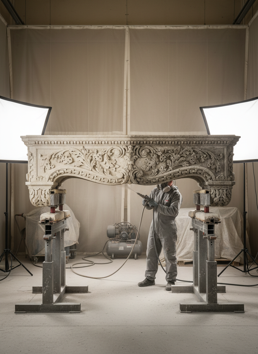 A large stone fireplace mantle section supported on adjustable stands, undergoing sensitive aérogommage cleaning. Delicate carved details of leaves and geometric patterns are partially freed from soot and grime, revealing the original pale stone color beside darker, untouched sections. Fine dust settles in crevices, adding visual depth. The setting is a spacious restoration bay with high ceilings, neutral-colored walls, and carefully placed protective screens, all slightly out of focus. Bright, controlled studio-style lighting from both sides accentuates the stone’s texture and the precision of the cleaning, casting soft, elongated shadows. Photographic realism with a frontal, slightly wide-angle composition showcases the scale and complexity of the project, communicating expertise in handling grand architectural elements with the same care as smaller objects.