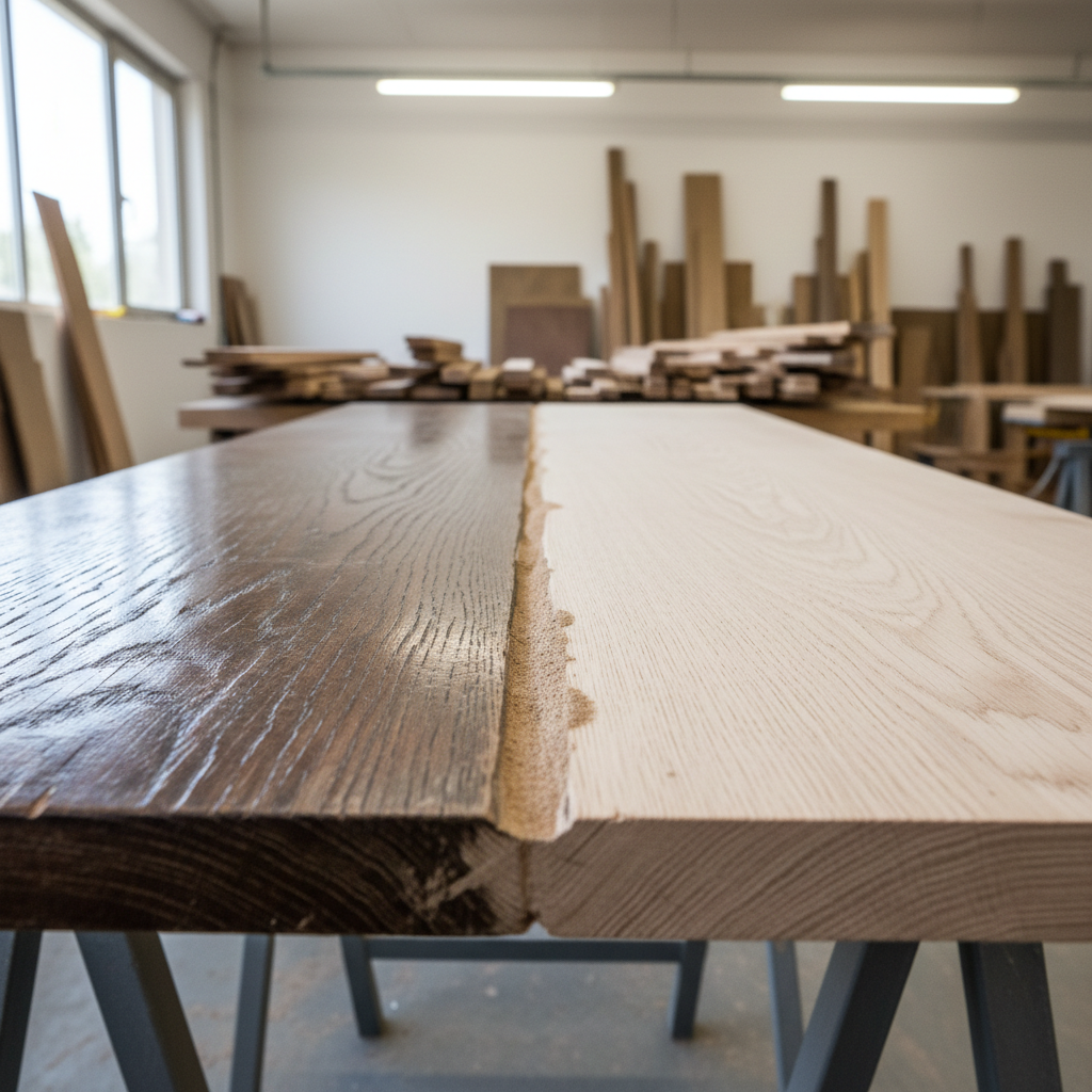 A weathered oak wooden door panel laid flat on trestles, half restored by aérogommage. One side shows dark, varnished, timeworn grain, while the other reveals fresh, pale wood with crisp, natural texture. Fine dust from the blasting process rests lightly along the transition line. The setting is a bright, well-ventilated workshop with white walls and neatly stacked wooden planks in the distant background, softly blurred. Natural daylight from a high window combines with neutral workshop lighting, creating even illumination and subtle shadows. Photographic realism with a slightly elevated angle and clear focus on the grain detail conveys precision and respect for materials, evoking a professional yet approachable mood of careful renovation for both small objects and large projects.