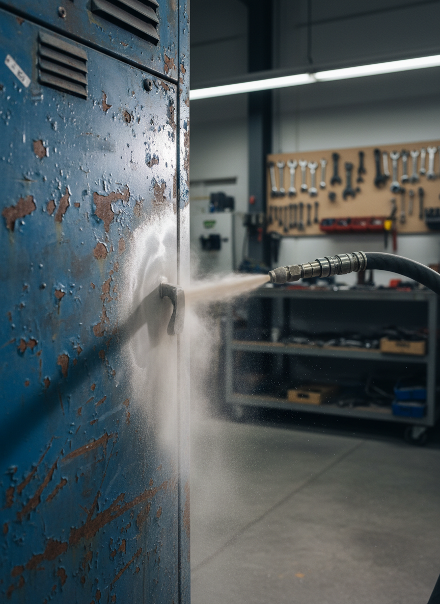 A sturdy steel industrial cabinet door half-covered in aged, flaking paint, undergoing precise aérogommage cleaning. The nozzle and flexible hose of the blasting equipment point toward the surface, captured mid-process with a fine, pale cloud of abrasive gently brushing away the old layers, revealing smooth bare metal beneath. The scene is set inside a clean, organized workshop with concrete flooring and neatly arranged tools in soft focus in the background. Cool, diffused overhead lighting highlights the contrasting textures while casting crisp, professional shadows. Photographic realism, shot at eye level with a medium depth of field, emphasizes the transformation of the material, creating a confident, professional atmosphere that conveys meticulous surface restoration work without any human presence.