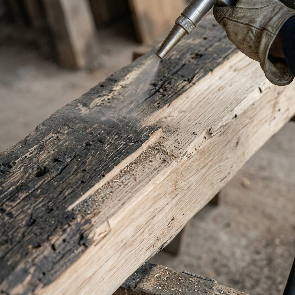 A gloved hand sandblasting a weathered wooden beam to remove charred surface.