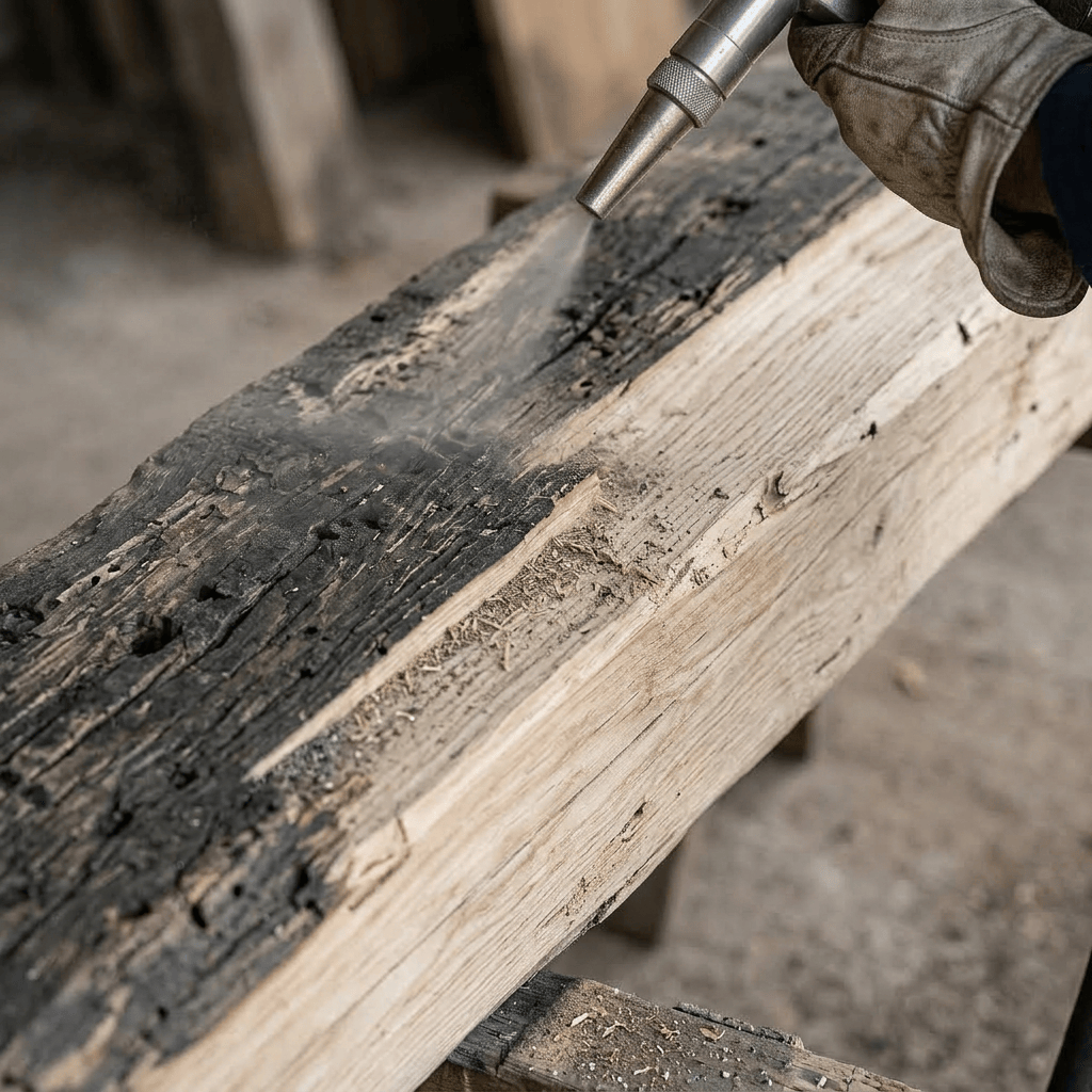 A gloved hand sandblasting a weathered wooden beam to remove charred surface.
