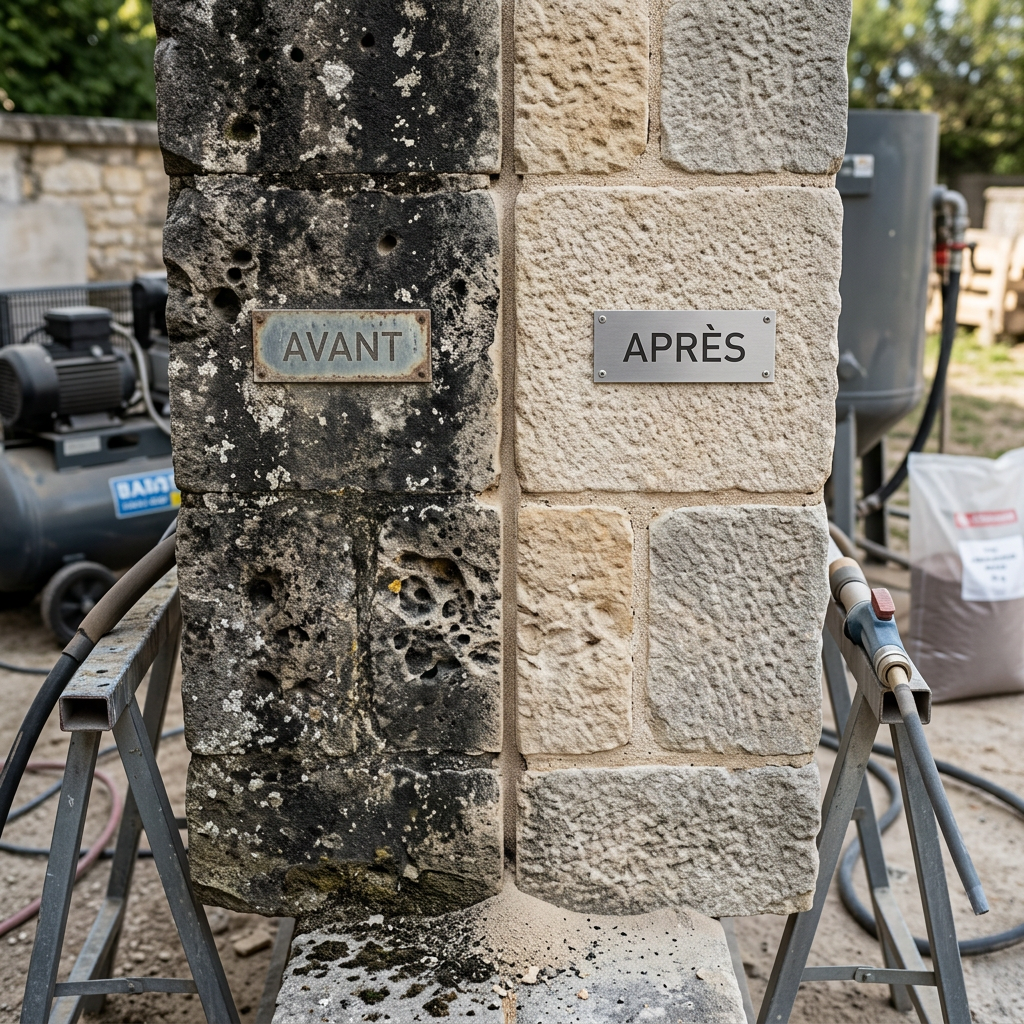 Side-by-side comparison of a blackened, weathered stone surface labeled 'Avant' and a cleaned, lighter stone surface labeled 'Après'