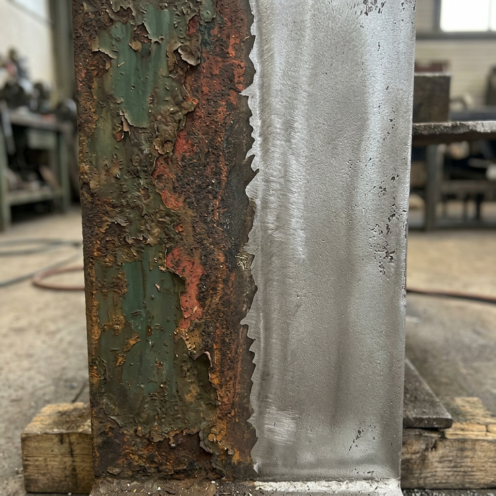 Metal surface half covered in rust labeled 'avant', half cleaned and shiny labeled 'après'