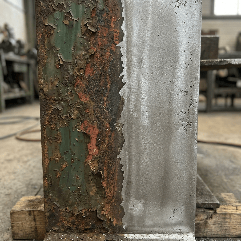 Metal surface half covered in rust labeled 'avant', half cleaned and shiny labeled 'après'