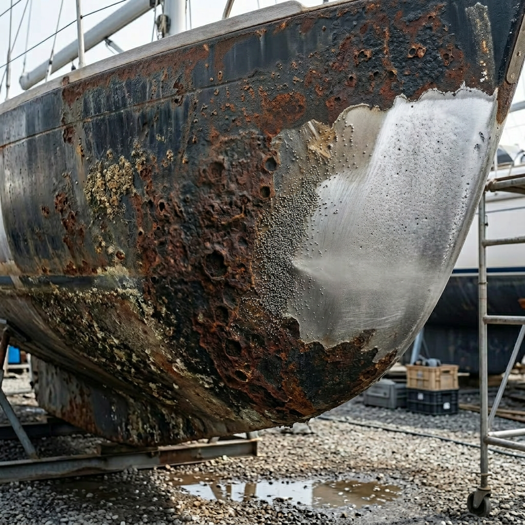 Boat hull with one side stripped to bare metal and the other side rusted and peeling with worker grinding paint